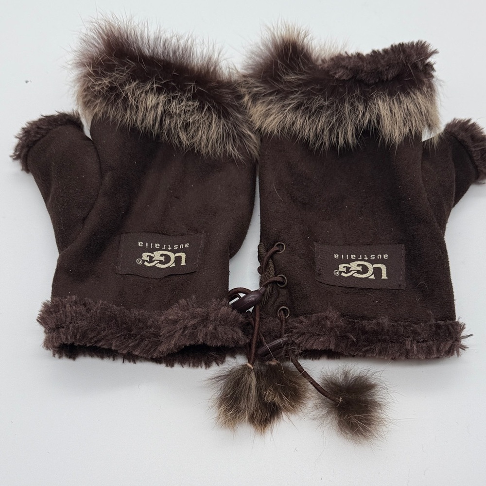 UGG Dark Brown Fingerless Gloves with Fur Trim